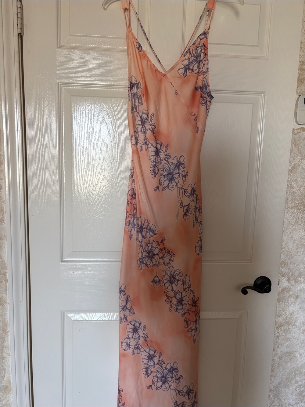 Free People Peach Slip Maxi with Blue Floral Sketch